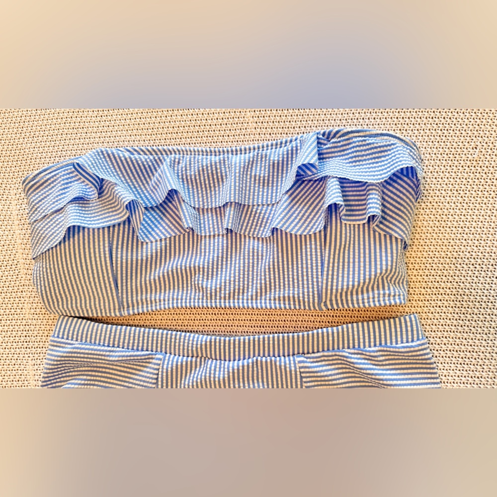 Seersucker Ruffle Bandeau Blue & White Striped Bikini Swimsuit - Picture 5 of 13